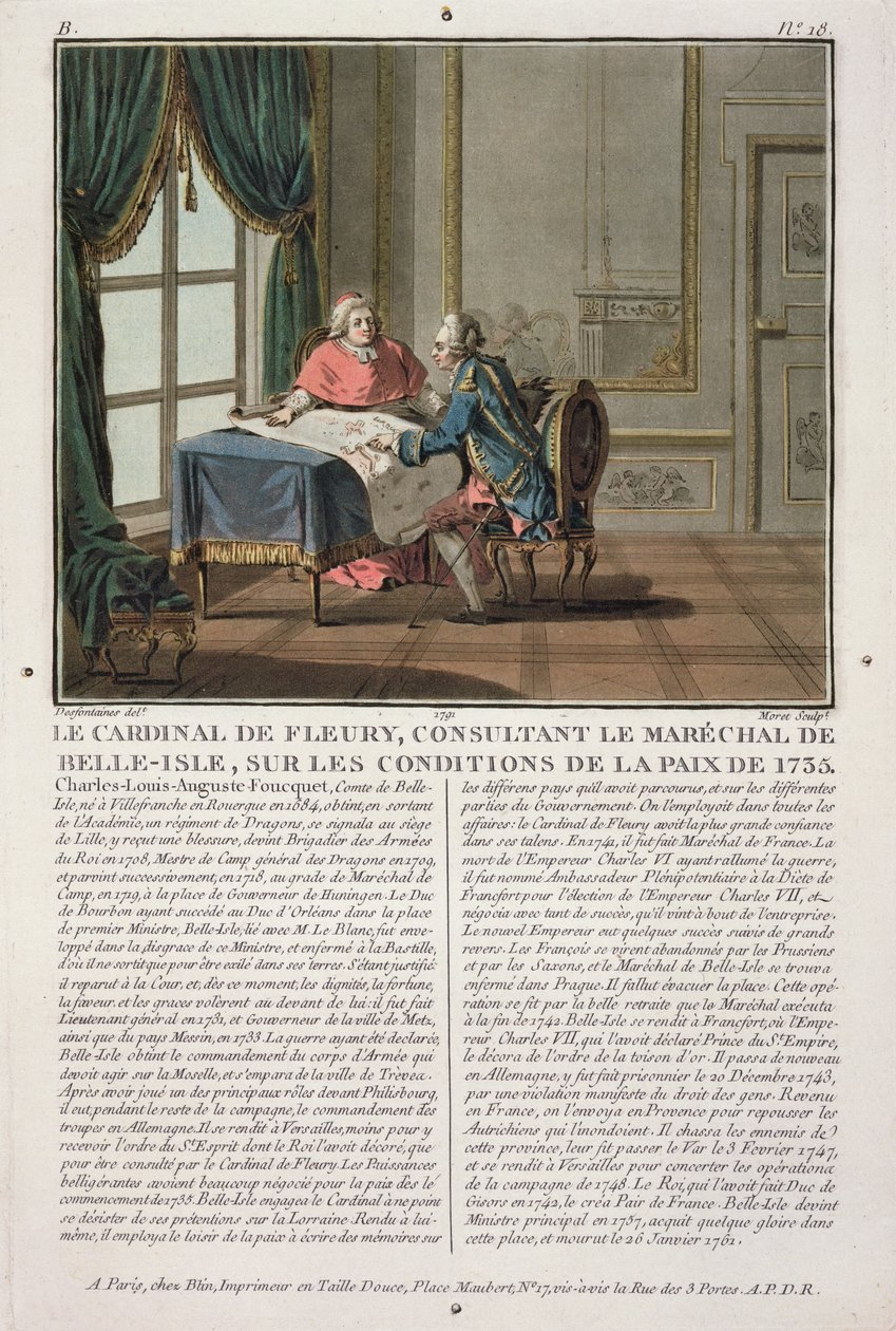 Il cardinale de Fleury (1653-1743) consulta con il maresciallo de Belle-Isle (1684-1761) le condizioni della pace, 1735, inciso da Jean Baptiste Morret (fl.1790-1820), 1791 da Jacques Francois Joseph Swebach