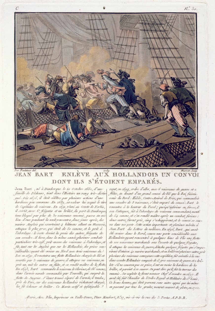 Jean Bart, comandante navale francese che cattura il convoglio olandese, 1696, inciso da Jean Baptiste Morret, 1789 da Jacques Francois Joseph Swebach