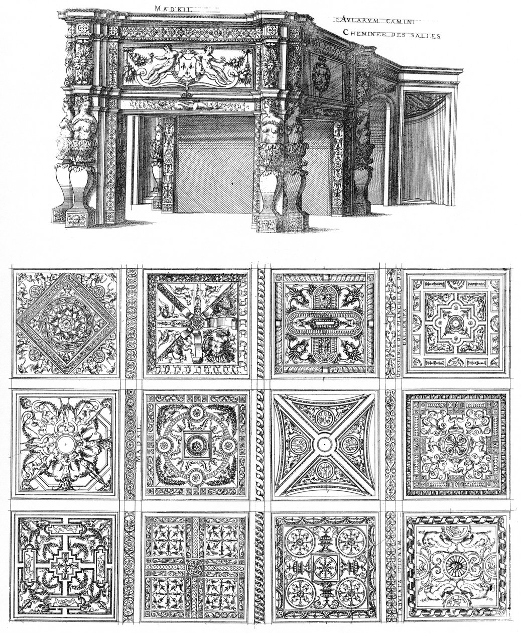 Incisione dal primo volume dei più eccellenti edifici di Francia di Jacques I Androuet du Cerceau, disegni di camini e pavimenti per il Castello di Madrid da Jacques I Androuet du Cerceau