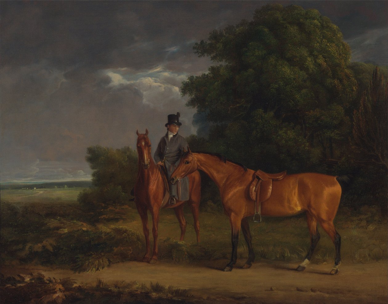 Un groom montato su un cavallo da caccia castano, tiene un cavallo da caccia baio per le redini da Jacques Laurent Agasse