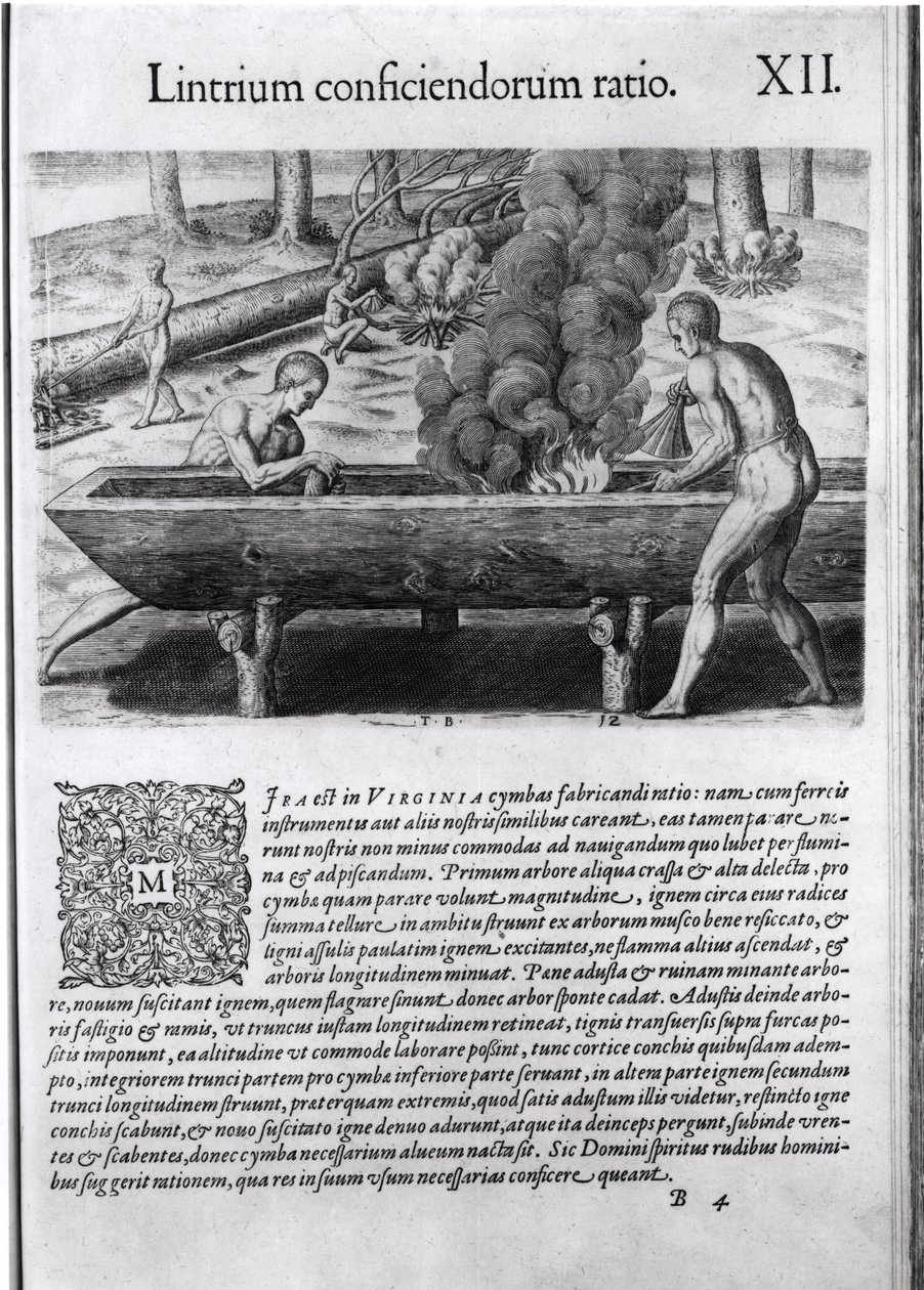 Indiani della Virginia che costruiscono canoe, da 