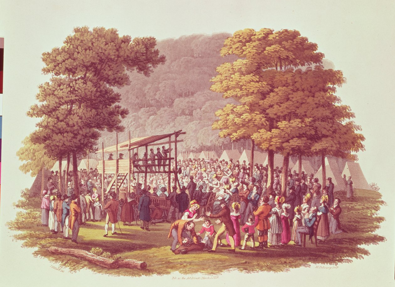 Riunione di campo dei metodisti in Nord America, incisione di M. Dubourg, 1819 da Jacques Milbert