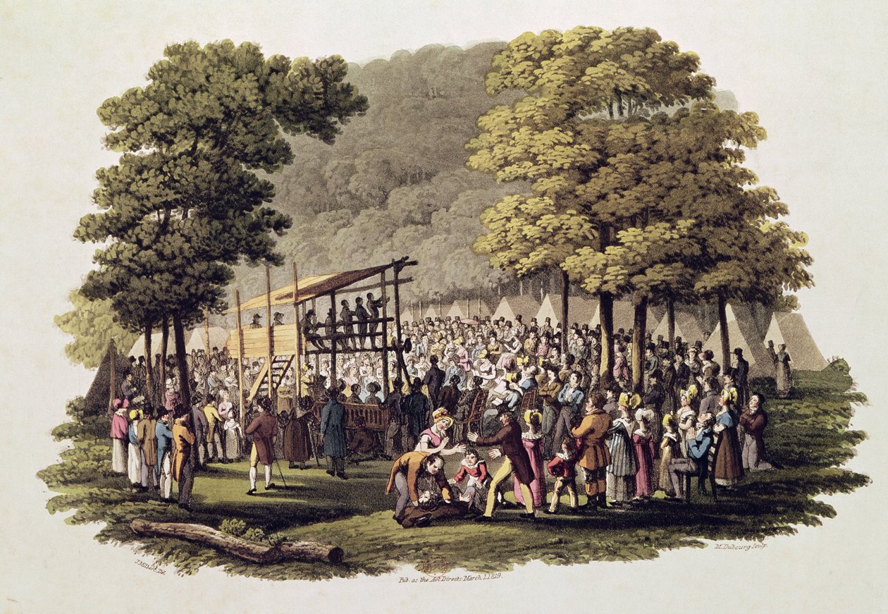 Riunione di campo dei metodisti in Nord America, inciso da Matthew Dubourg (fl.1813-20) 1819 da Jacques Milbert