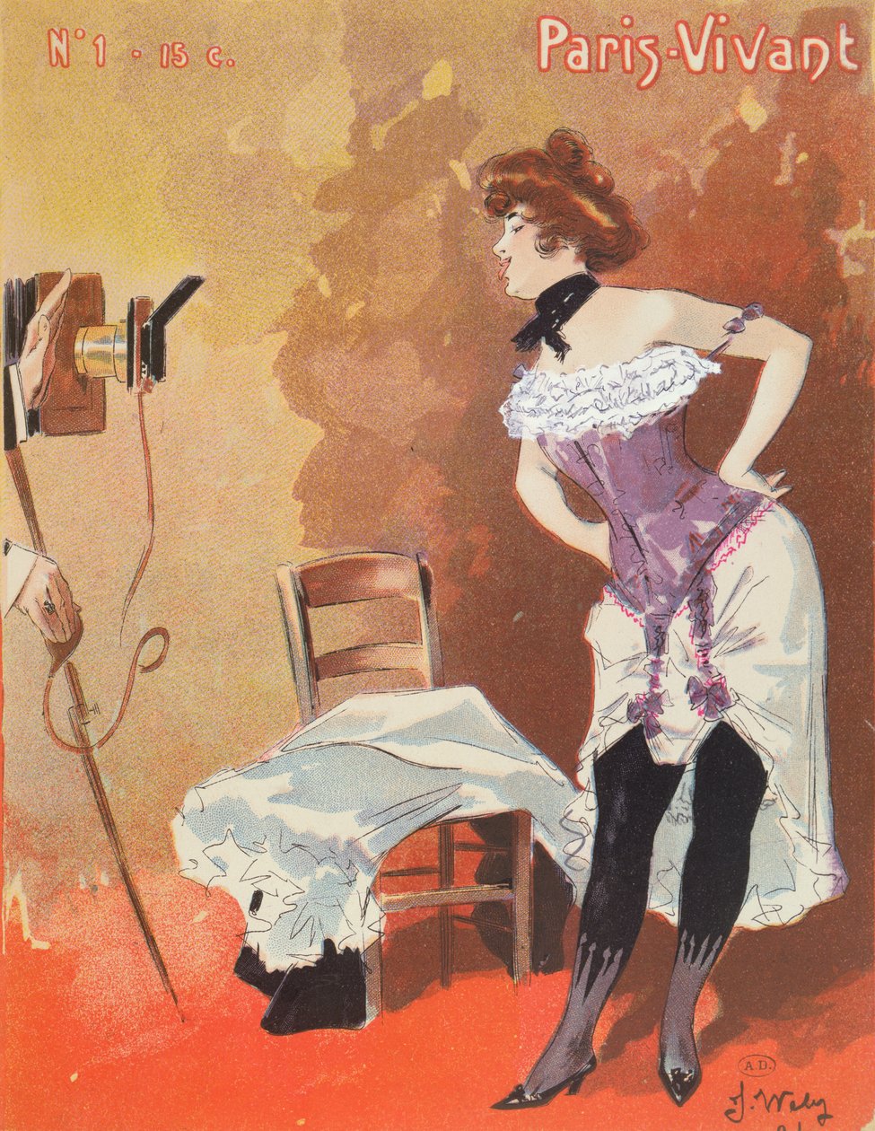 Donna fotografata in un corsetto, caricatura per 