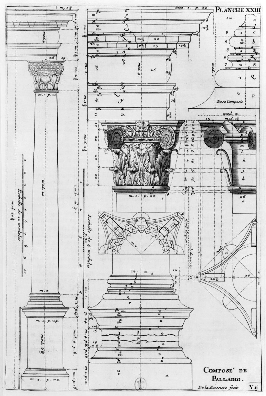 Sezione ed elevazione di una colonna composita progettata da Andrea Palladio, incisione di de La Boissiere, illustrazione da 