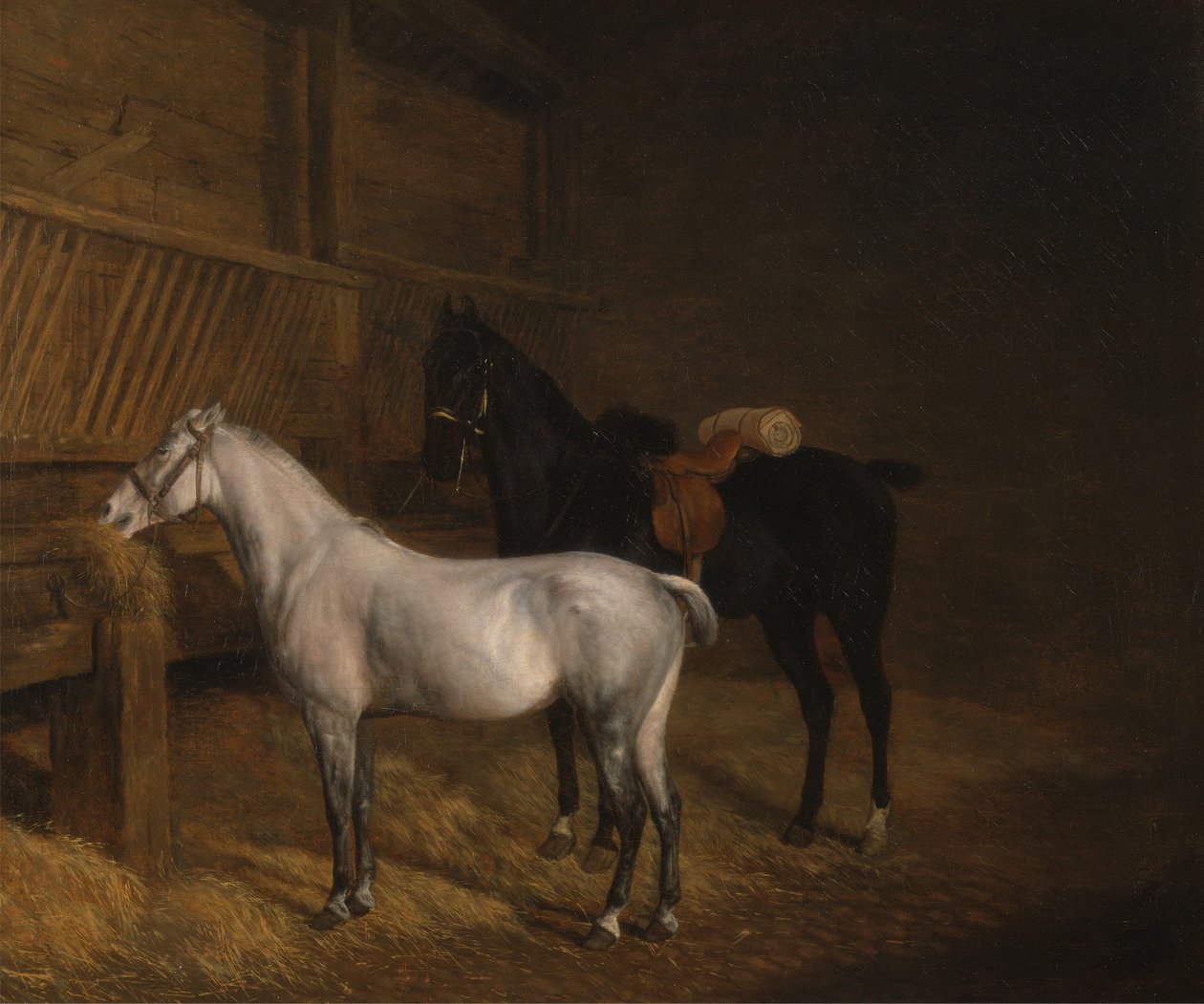 Un pony grigio e un cavallo da guerra nero in una scuderia da Jacques-Laurent Agasse