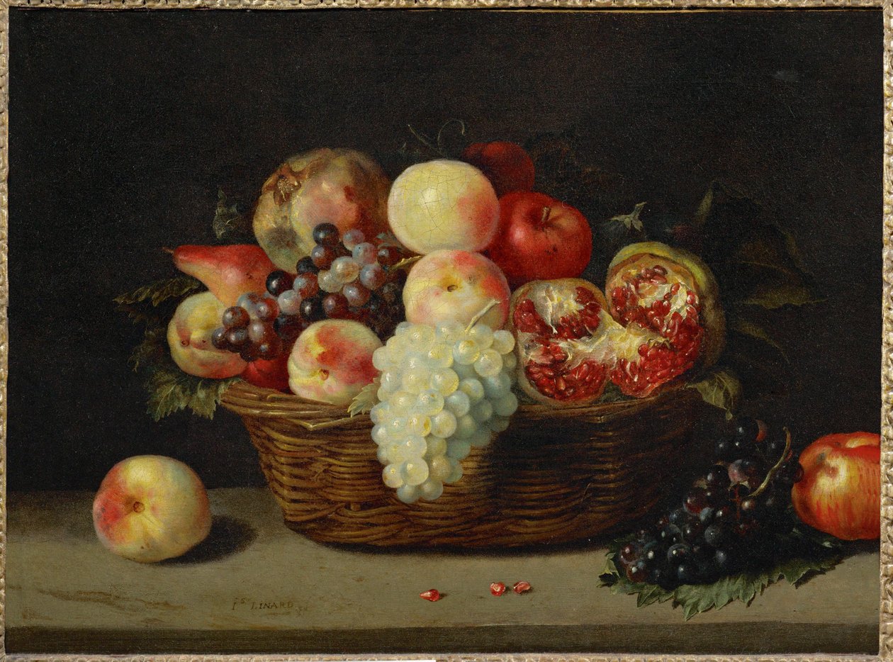 Panier de grenade, peches et raisins - Un cestino con melograno, pesche e uva ... da Jacques (attr. to) Linard