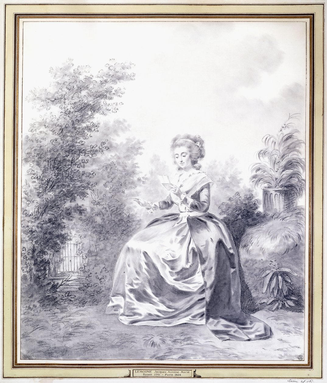 Ritratto di Elisabeth Louise Vigee-Lebrun che legge una lettera seduta in giardino da Jacques Antoine Marie Lemoine