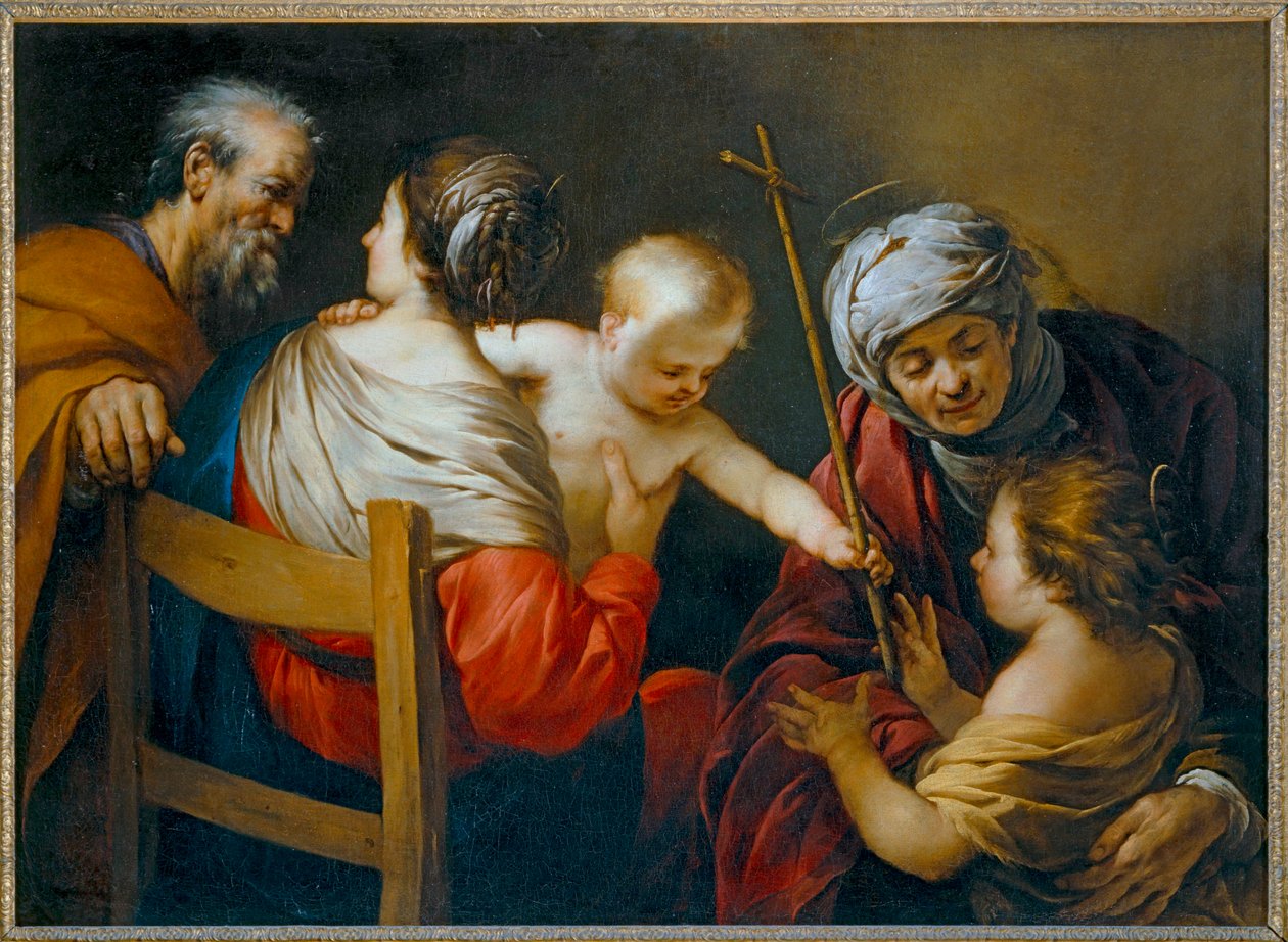 La Sacra Famiglia con Santa Elisabetta e il piccolo San Giovanni Battista a cui Gesù Bambino dona una croce di giunco - La Sacra Famiglia con Santa Elisabetta ... da Jacques Blanchard
