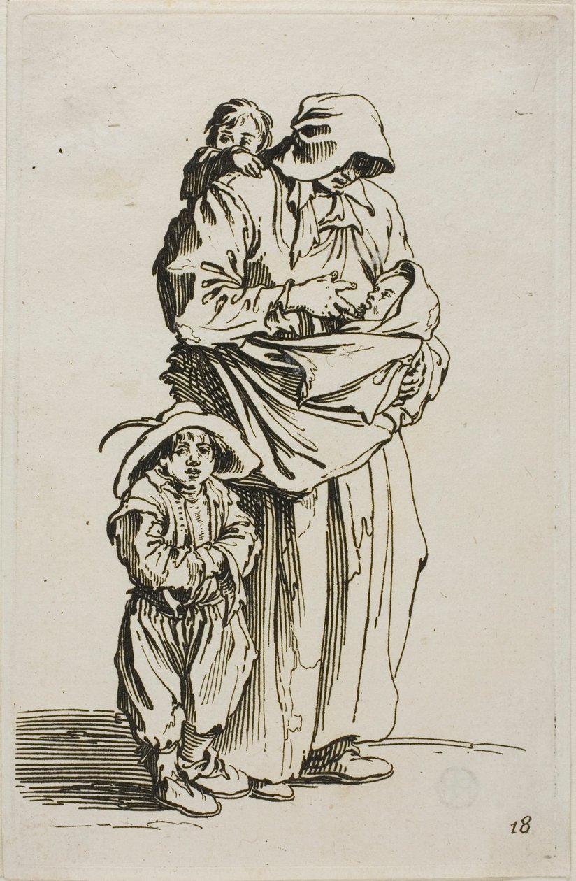 Una madre con i suoi tre figli, tavola 18 da I mendicanti da Jacques Callot