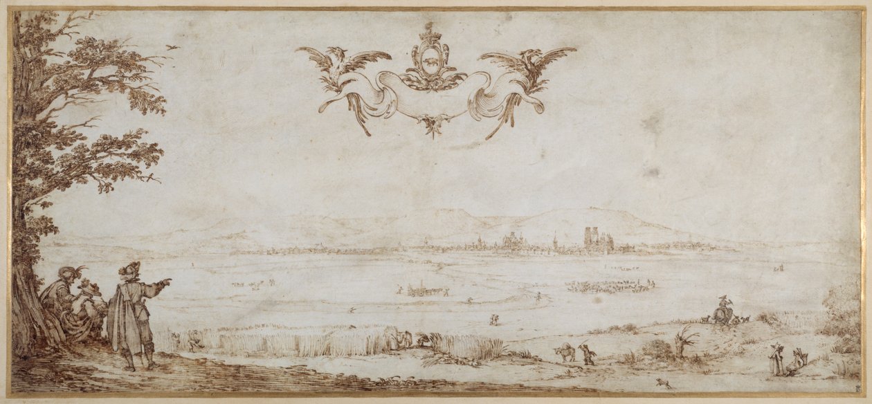 Veduta di Toul attraverso la pianura, paesaggio con figure, il cielo con le armi dei Porcellets da Jacques Callot