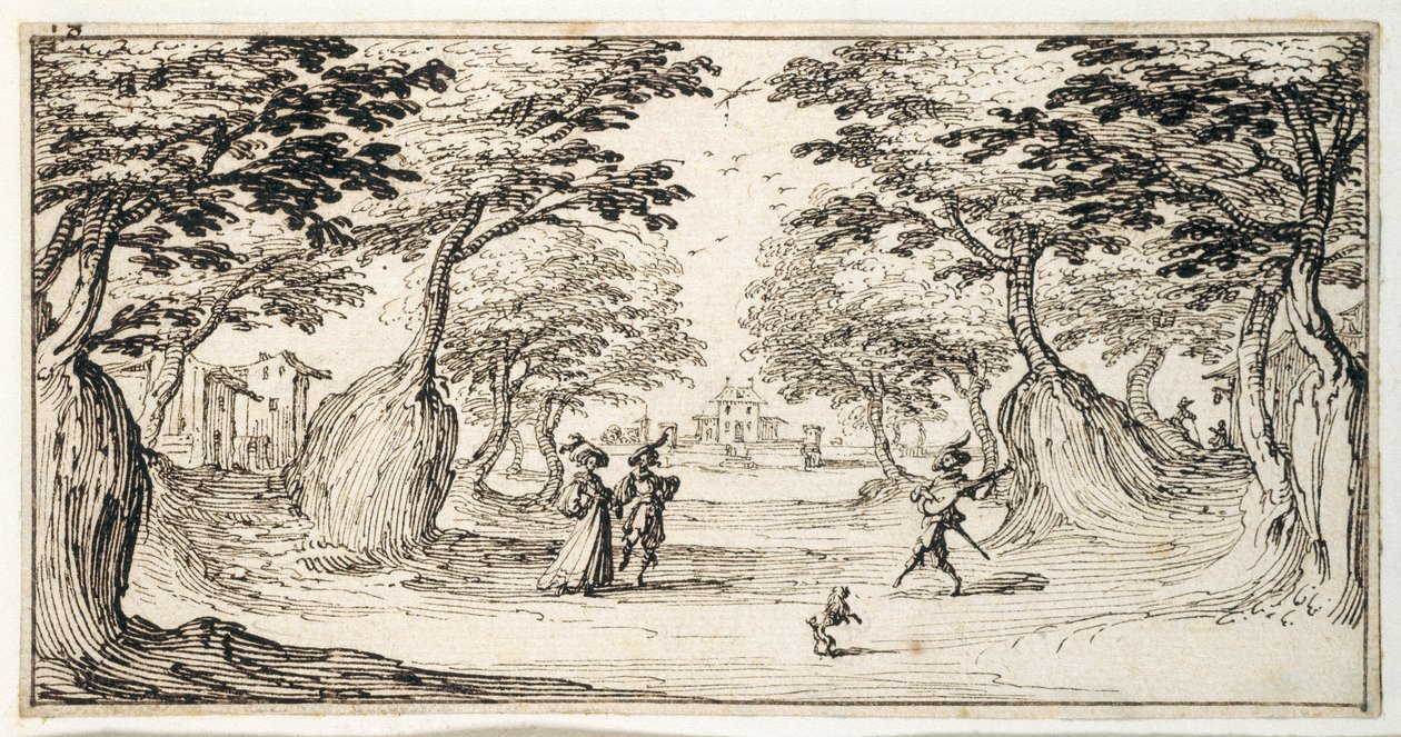 Una signora e un gentiluomo che ballano nei boschi a un liuto, un castello in lontananza da Jacques Callot