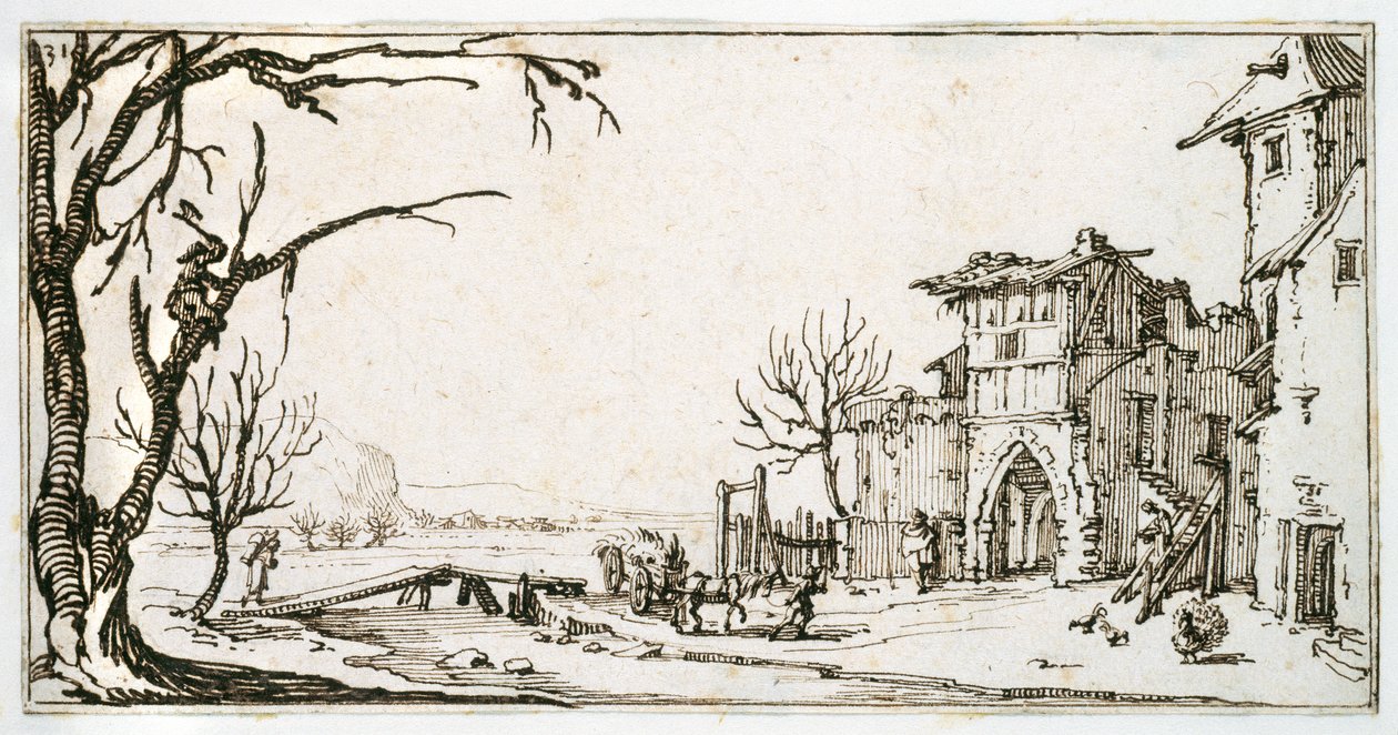 Un carro di fieno portato al cancello medievale di un villaggio, un uomo che taglia un ramo, da un album appartenente a Israel Silvestre, c.1630 da Jacques Callot