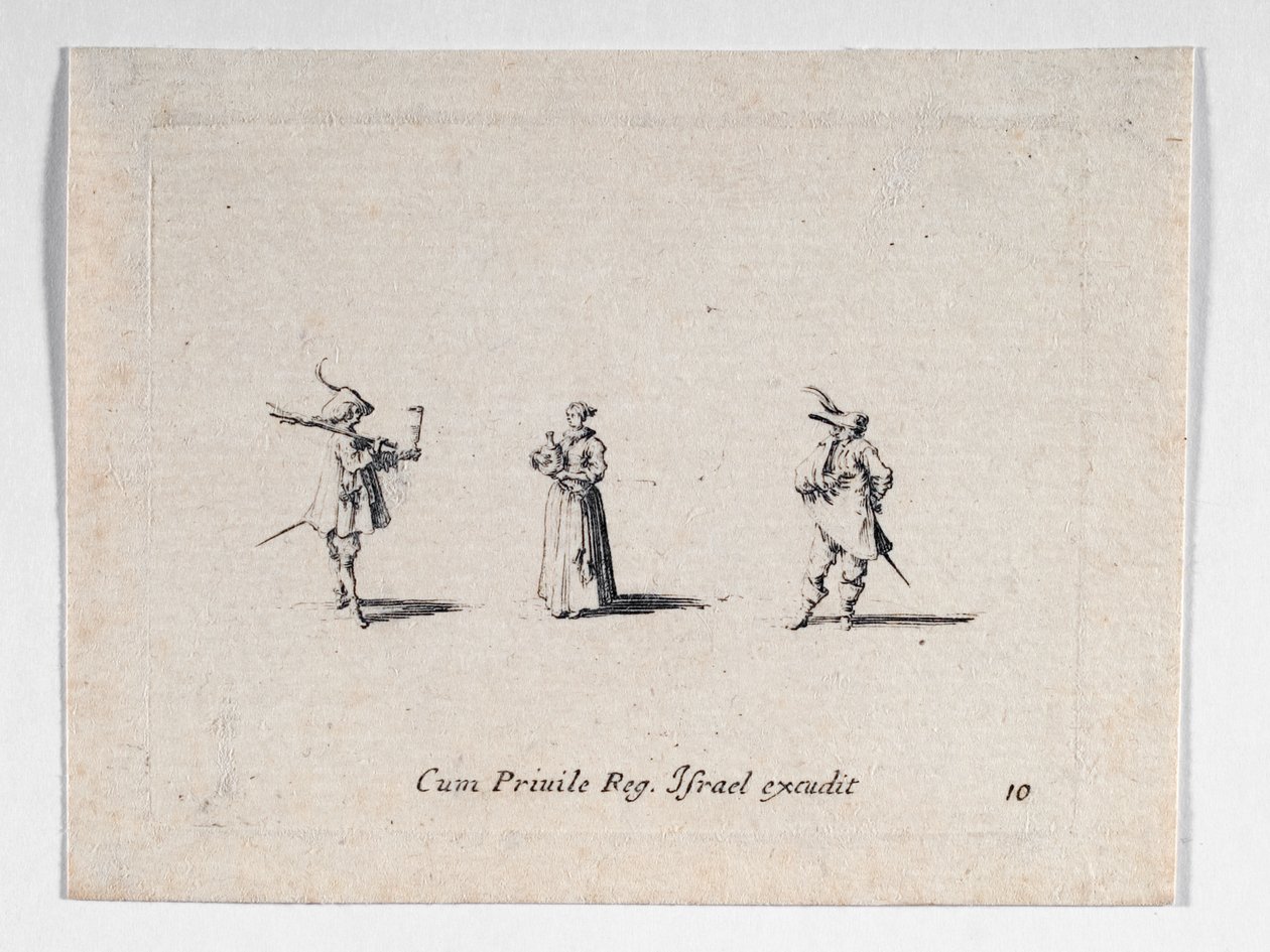 Una dama con una bottiglia di vino e due cavalieri, da ... (incisione) da Jacques Callot