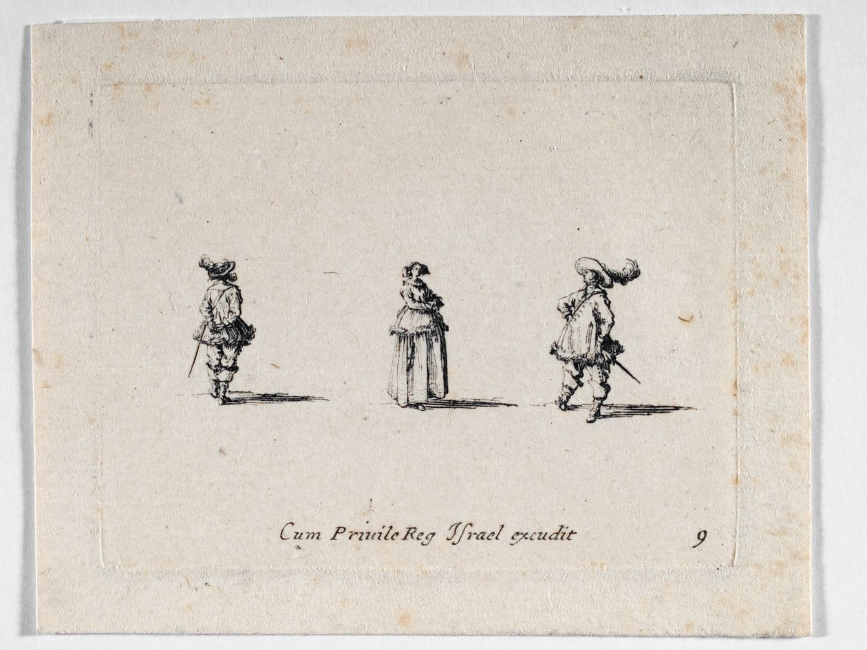 Una dama con le braccia conserte e due cavalieri, da ... (incisione) da Jacques Callot