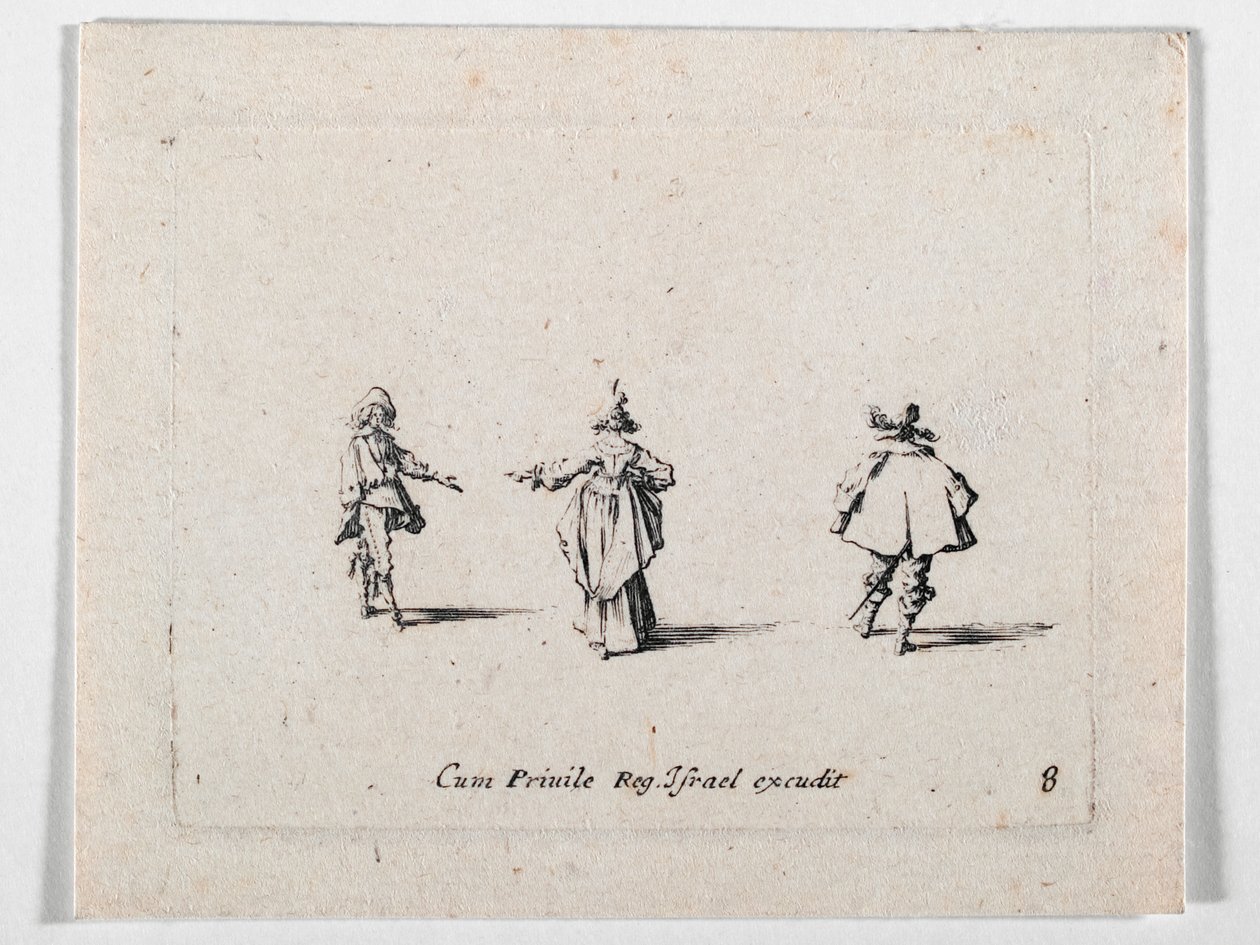 Una dama con la mano tesa, vista di spalle, e due cavalieri, da Les Fantaisies de Noble J. Callot ... (incisione) da Jacques Callot