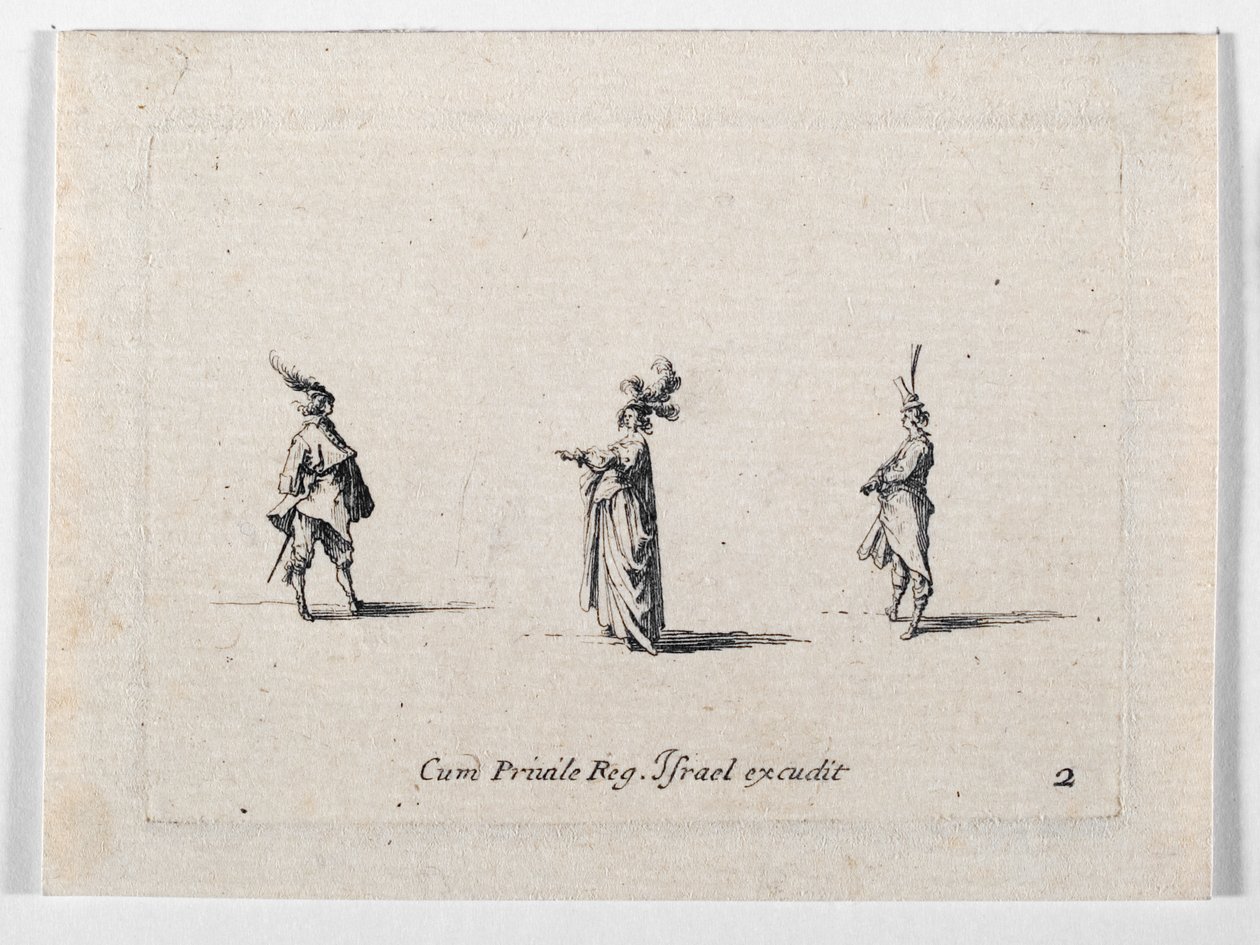 Una dama con cappello piumato e due cavalieri, da ... (incisione) da Jacques Callot