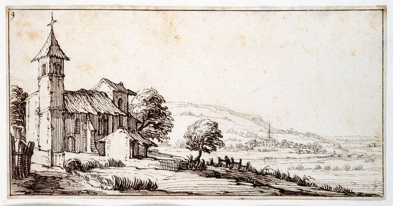 Paesaggio fluviale vicino a Nancy, con la chiesa del villaggio di Maxeville e un