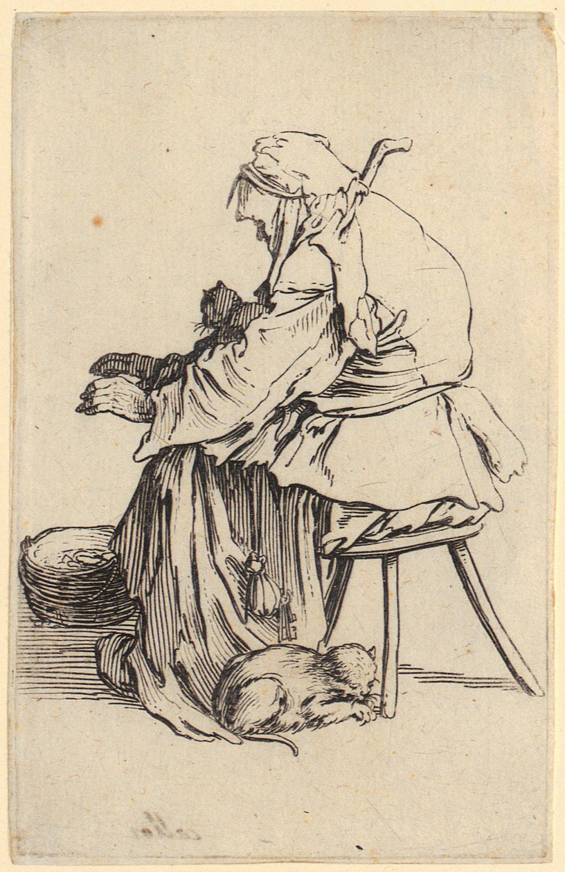 Vecchia donna con gatti, tavola 25 della serie "I mendicanti" da Jacques Callot