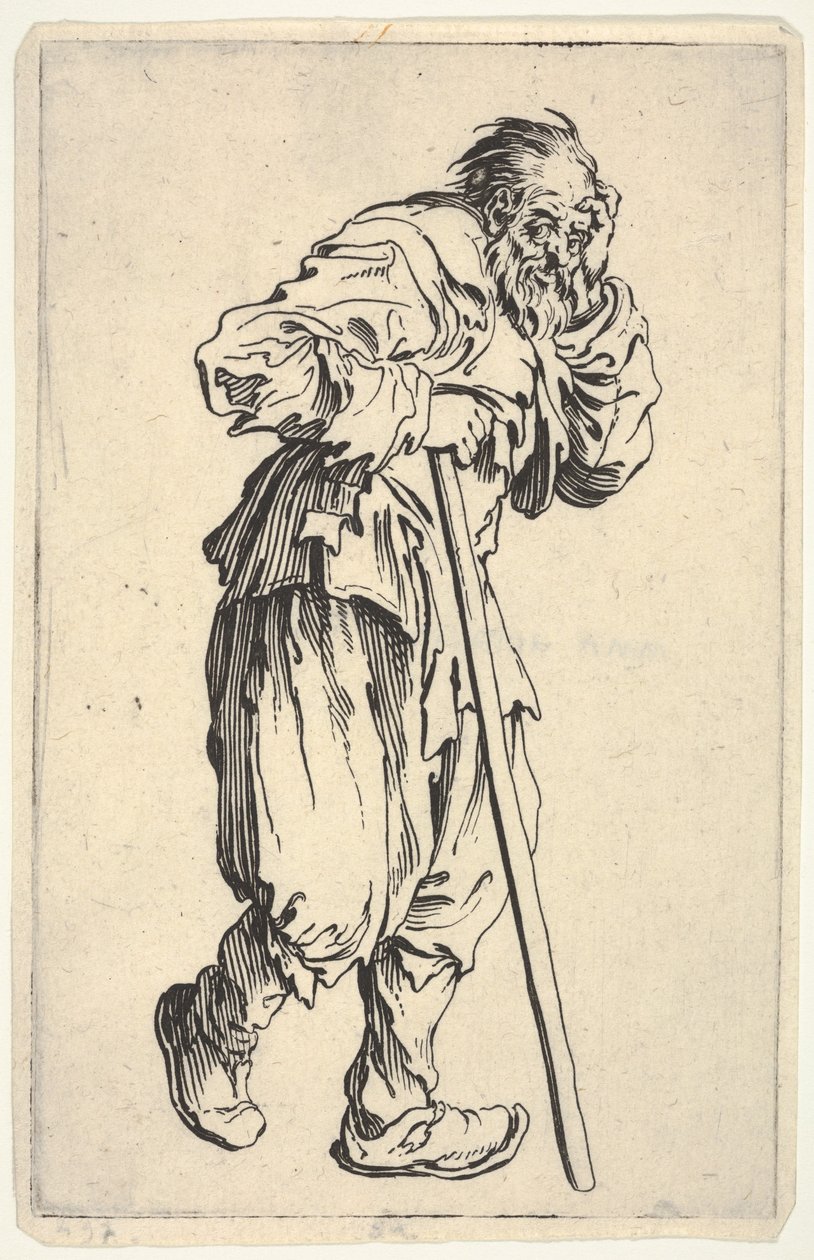 Uomo barbuto vestito di stracci, che si tiene la testa con una mano e un bastone da passeggio con l