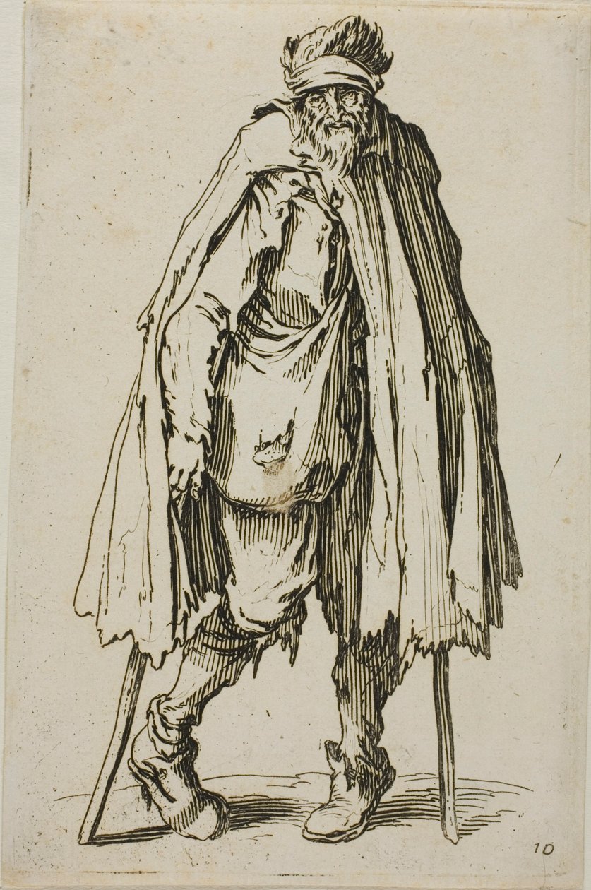 Mendicante appoggiato a un bastone, tavola diciannove da I mendicanti da Jacques Callot