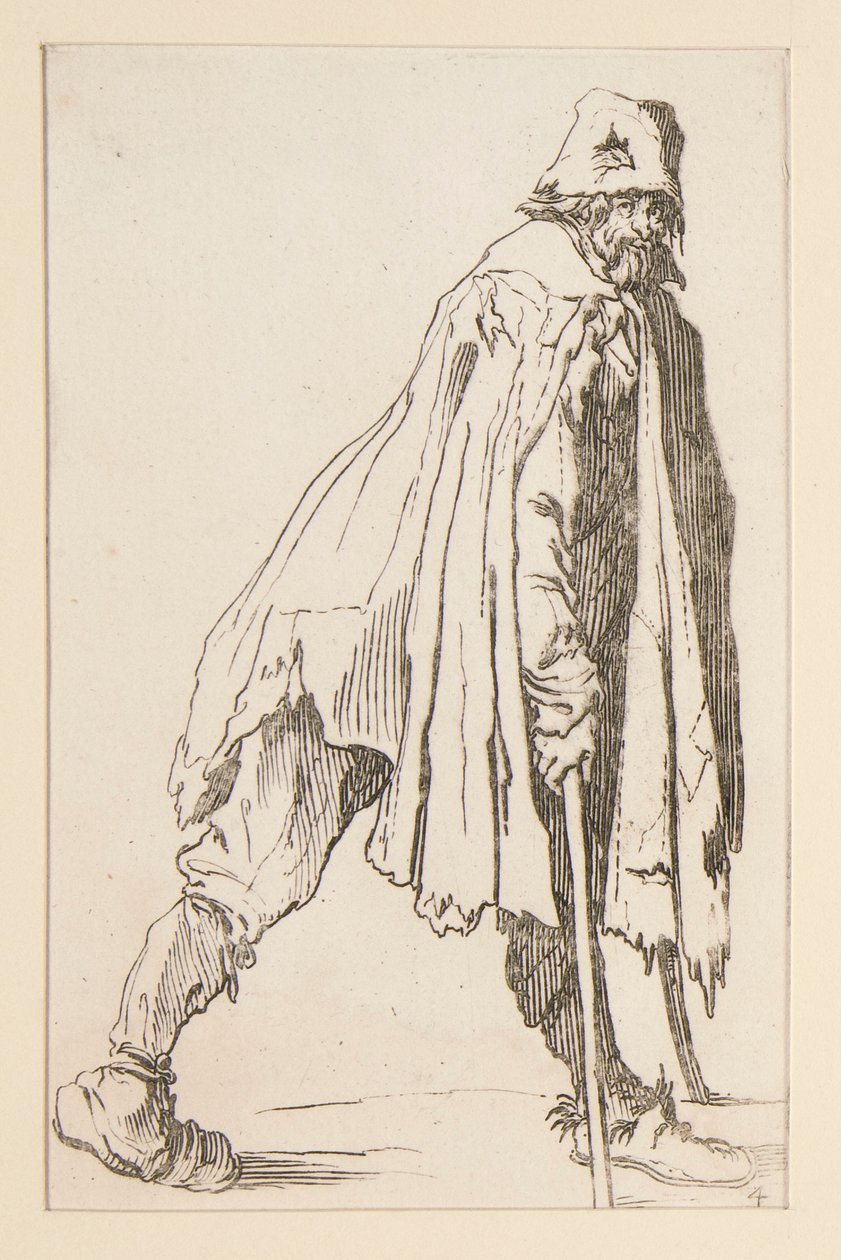 Mendicante con cappello, su stampelle, da I Mendicanti da Jacques Callot