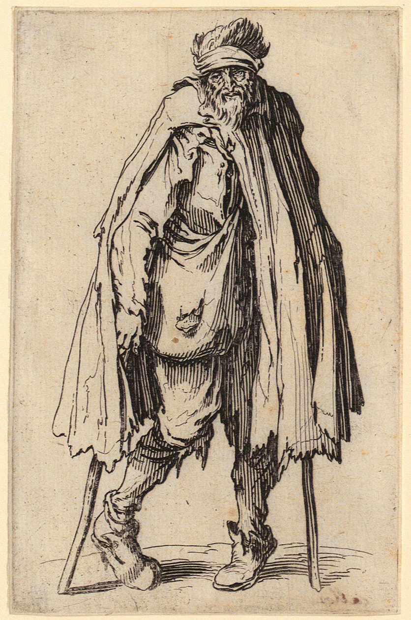 Mendicante con gruccia e borsa a tracolla, tavola 10 della serie “I mendicanti” da Jacques Callot