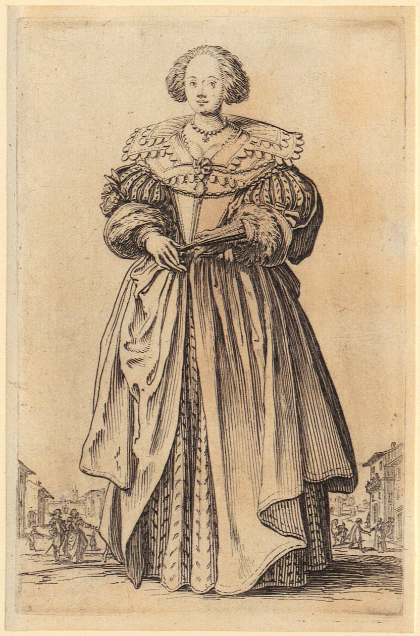 Dama con ventaglio, tavola 9 della serie «La nobiltà» da Jacques Callot