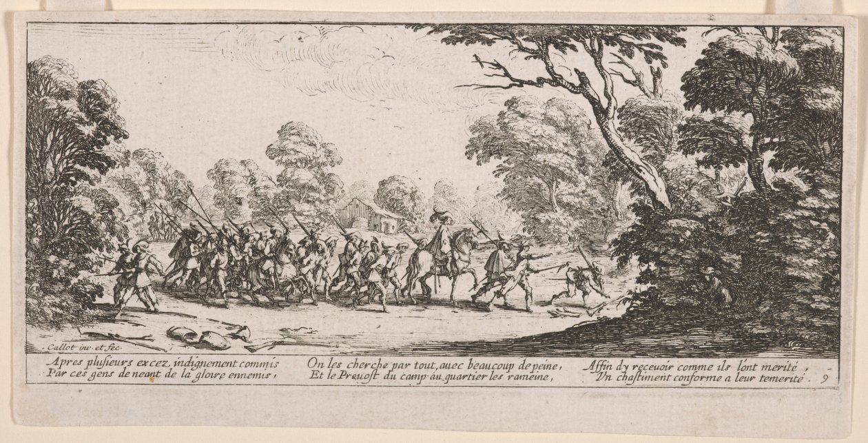 Scoperta dei malfattori, illustrazione da Le grandi miserie della guerra da Jacques Callot