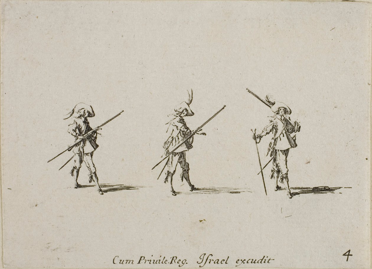 Esercizio con il moschetto, tavola quattro da Gli esercizi militari da Jacques Callot