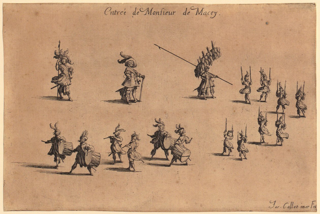 Gentiluomo con mantello bordato di pelliccia, mani congiunte dietro la schiena, tavola 7 della serie "La nobiltà" da Jacques Callot