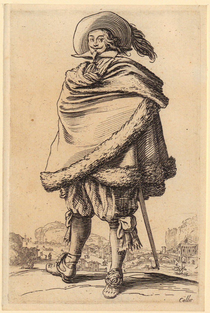 Gentiluomo con mantello bordato di pelliccia, tavola 10 della serie «La nobiltà» da Jacques Callot