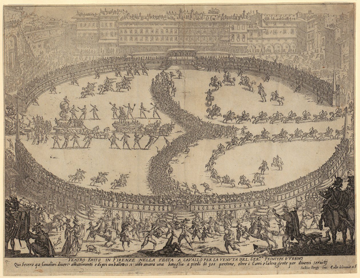 Ingresso dei carri e sfilata della fanteria e della cavalleria in Piazza Santa Croce a Firenze in onore del Principe di Urbino, foglio 6 della serie “La guerra della bellezza” da Jacques Callot
