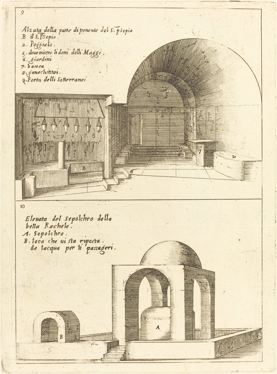 Elevazioni della Sacra Mangiatoia e del Sepolcro di Rachele da Jacques Callot
