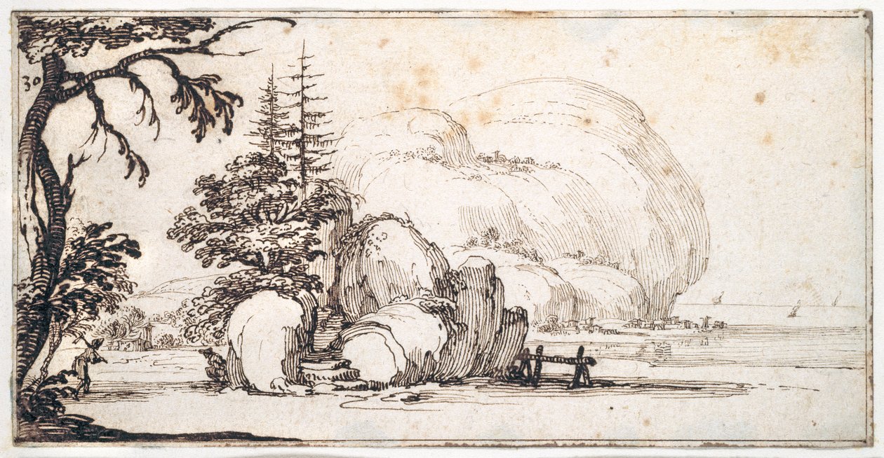 Rocce fantastiche sulla costa, edifici sulla riva da Jacques Callot
