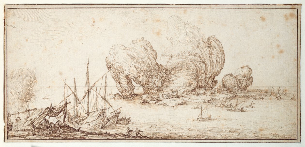 Rocce fantastiche, fortificate. Navigazione. Bivacco dei marinai in vista della loro imbarcazione (Le Grand Rocher) da Jacques Callot