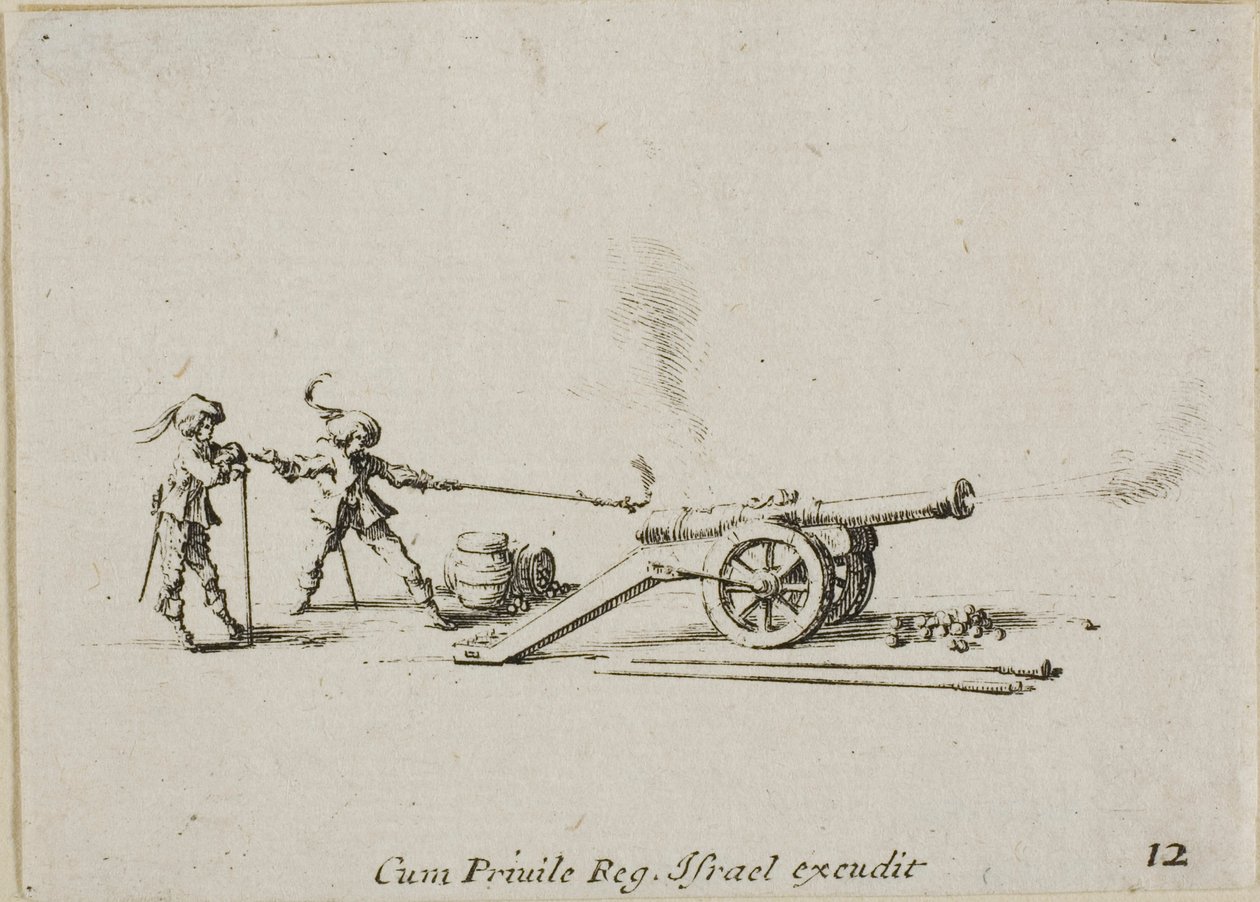 Sparare il cannone, tavola dodici da Gli esercizi militari da Jacques Callot