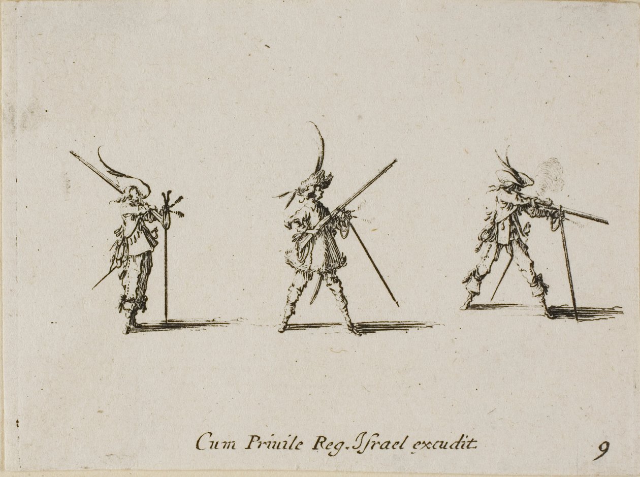 Sparare con il moschetto, tavola nove da Gli esercizi militari da Jacques Callot