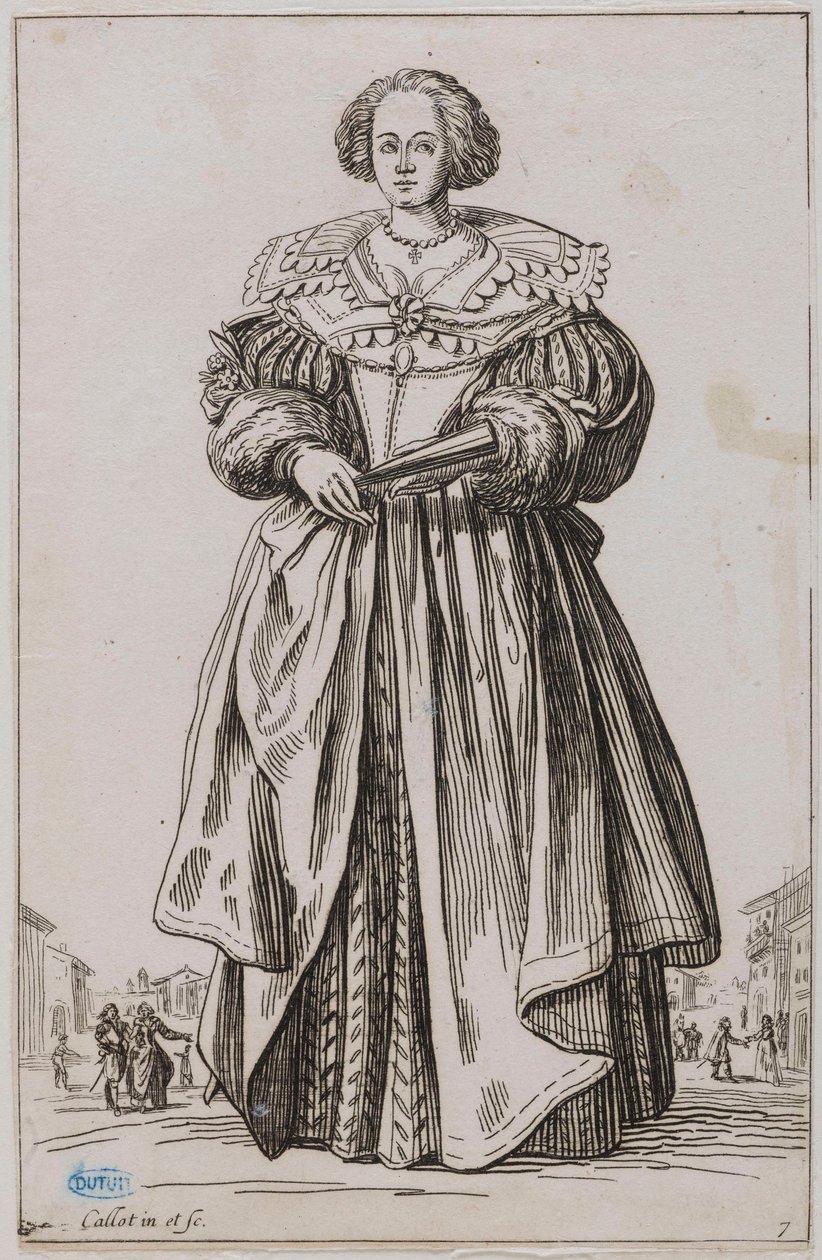 La Nobiltà, La Signora con il ventaglio. Nono numero di una serie di 12 pezzi (Lieure 557, Meaune 683) da Jacques Callot