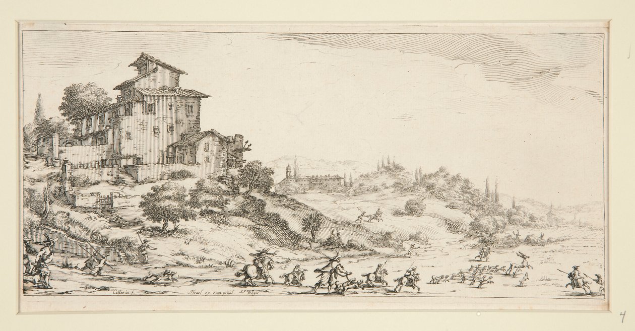 La caccia al cervo (Caccia al cervo vicino al maniero), da Paesaggi per Giovanni de Medici da Jacques Callot