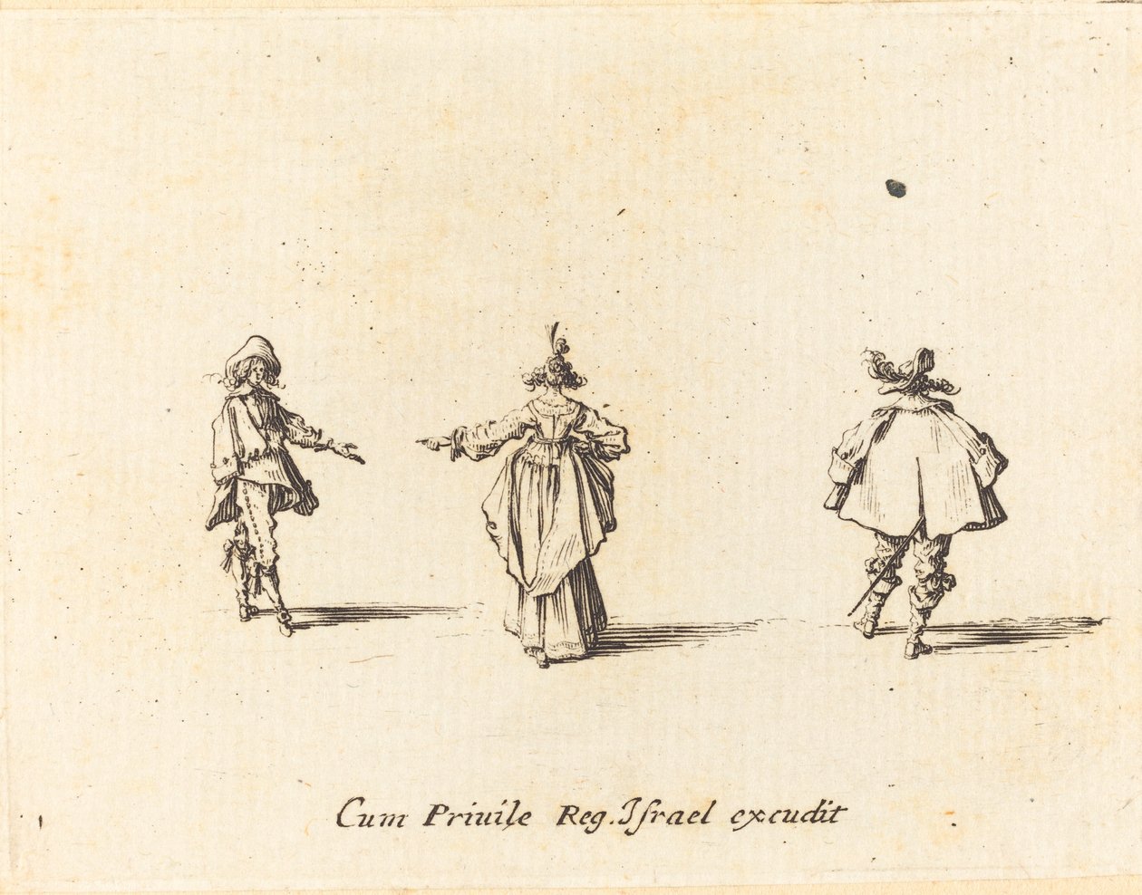 Signora con braccio teso vista da dietro e due gentiluomini da Jacques Callot