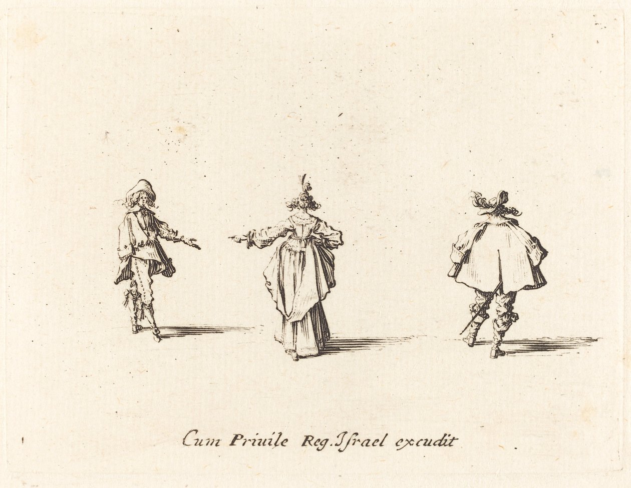 Signora con braccio teso vista da dietro e due gentiluomini da Jacques Callot