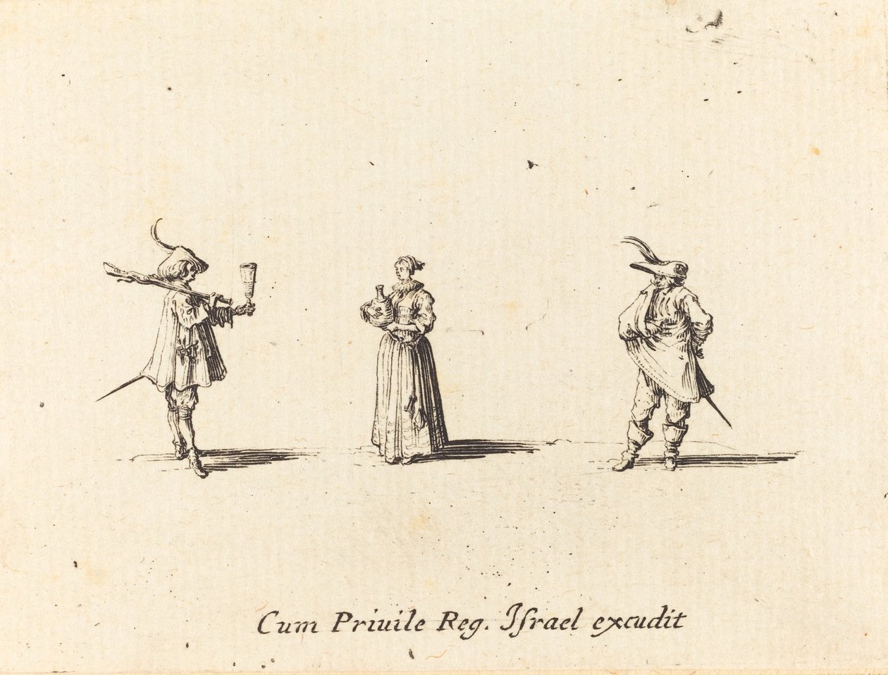 Signora con bottiglia di vino e due gentiluomini da Jacques Callot