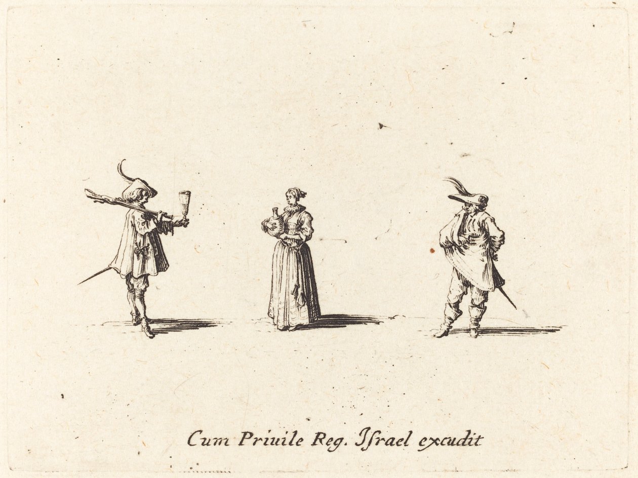 Signora con bottiglia di vino e due gentiluomini da Jacques Callot