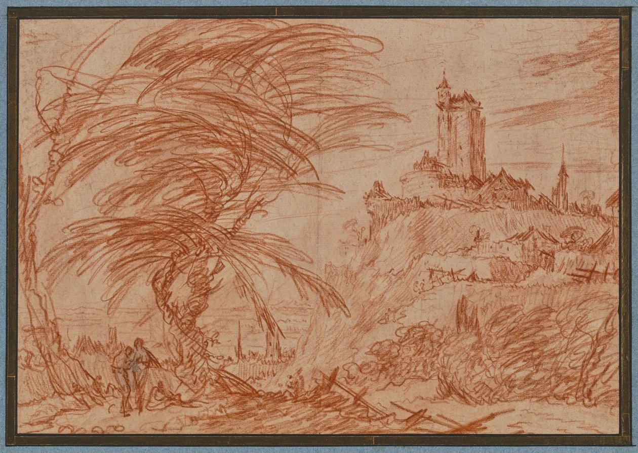 Landschaft, rechts auf einem Hügel ein großer Turm, links eine Baumgruppe und einige Figuren da Jacques Callot