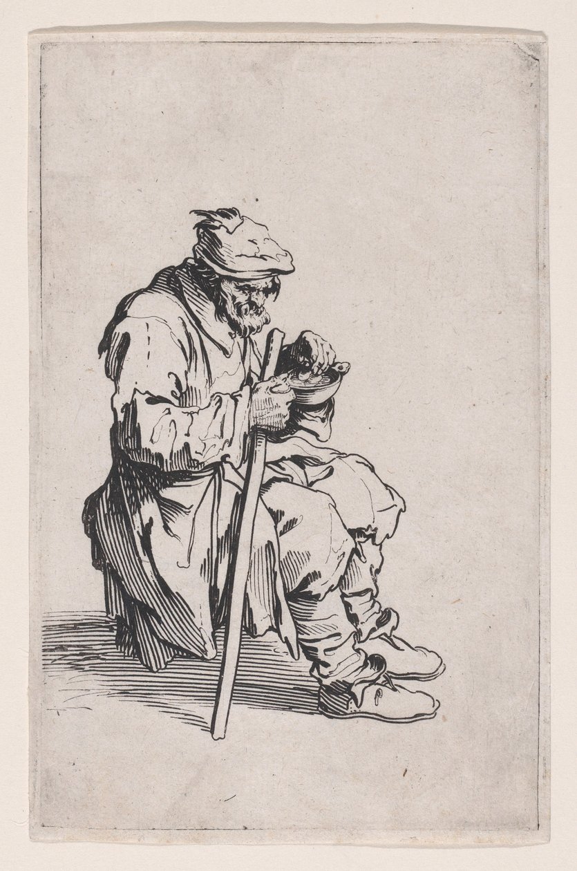Il mendicante seduto e mangiante, da «Les Gueux, suite appelée aussi Les Mendiants, Les Baroni, ou Les Barons» da Jacques Callot