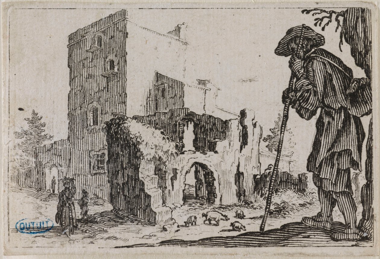 I capricci, Il pastore e le rovine. Quinto numero della serie di 50 incisioni realizzate a Nancy (Lieure 432, Meaume 777) da Jacques Callot