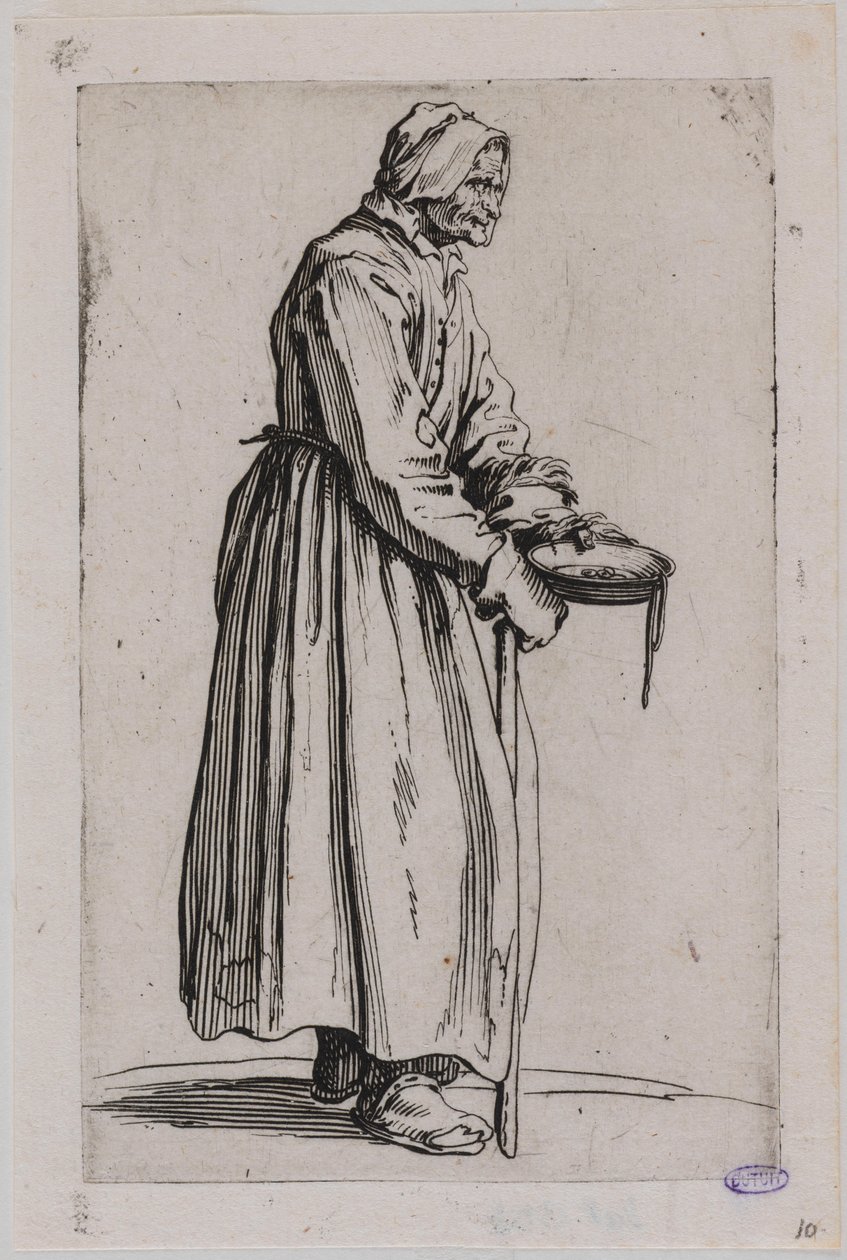 I mendicanti, La mendicante con la scodella. Ventesimo brano di una serie di 25 (Lieure 498, Meaume 704) da Jacques Callot