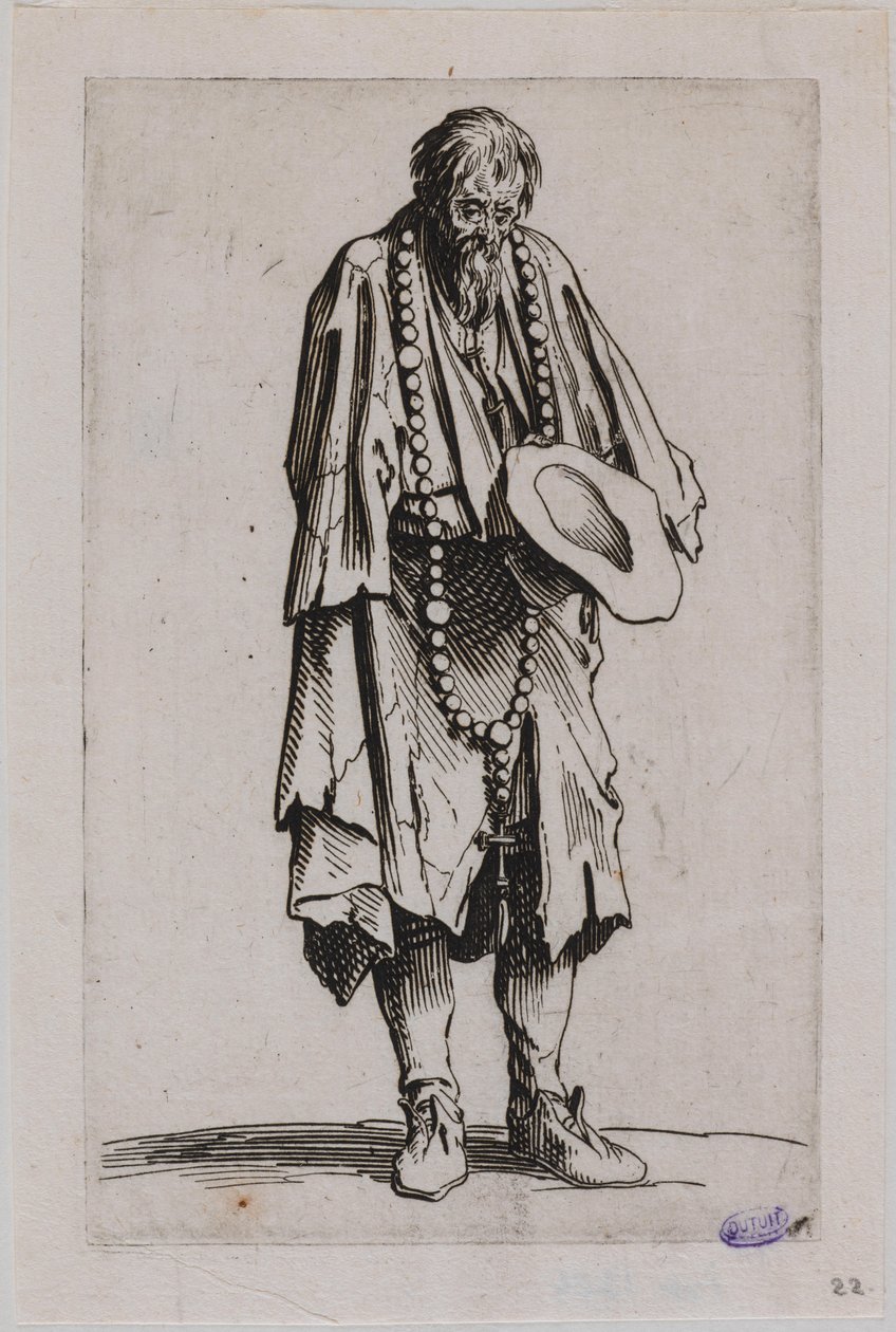I mendicanti, Il mendicante con il rosario. Undicesimo brano di una serie di 25 (Lieure 489, Meaume 695) da Jacques Callot