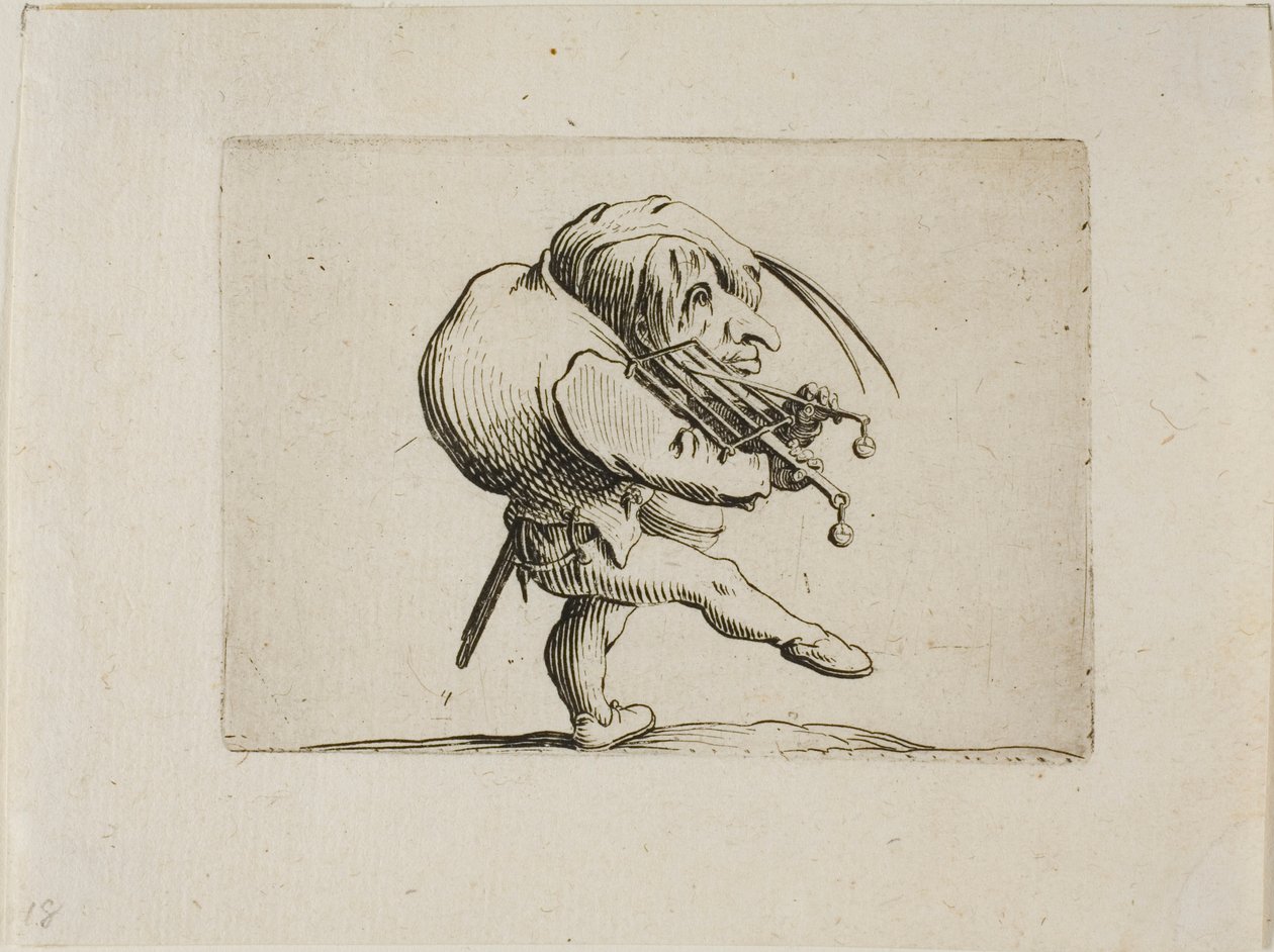 Uomo che suona una griglia come un violino, da Varie Figure Gobbi da Jacques Callot